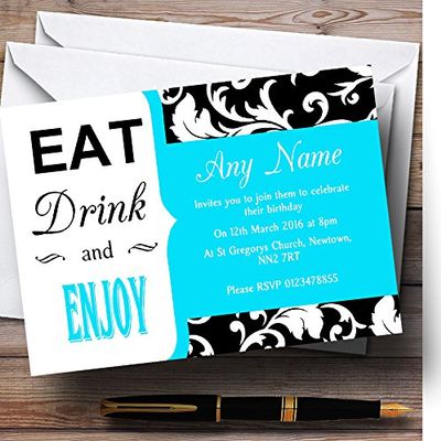 Aqua Blue Vintage Damask Eat Drink Personalized Birthday Party Invitations