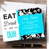 Aqua Blue Vintage Damask Eat Drink Personalized Birthday Party Invitations view 1