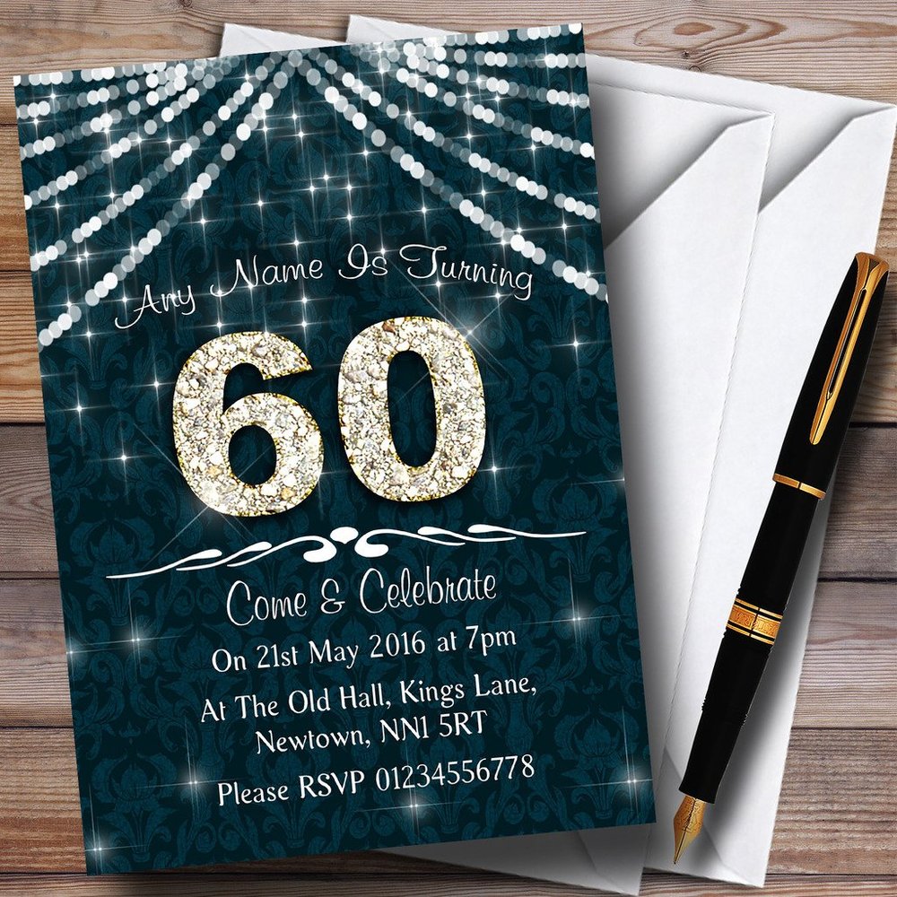 60Th Turquoise & White Bling Sparkle Birthday Party Personalized Invitations