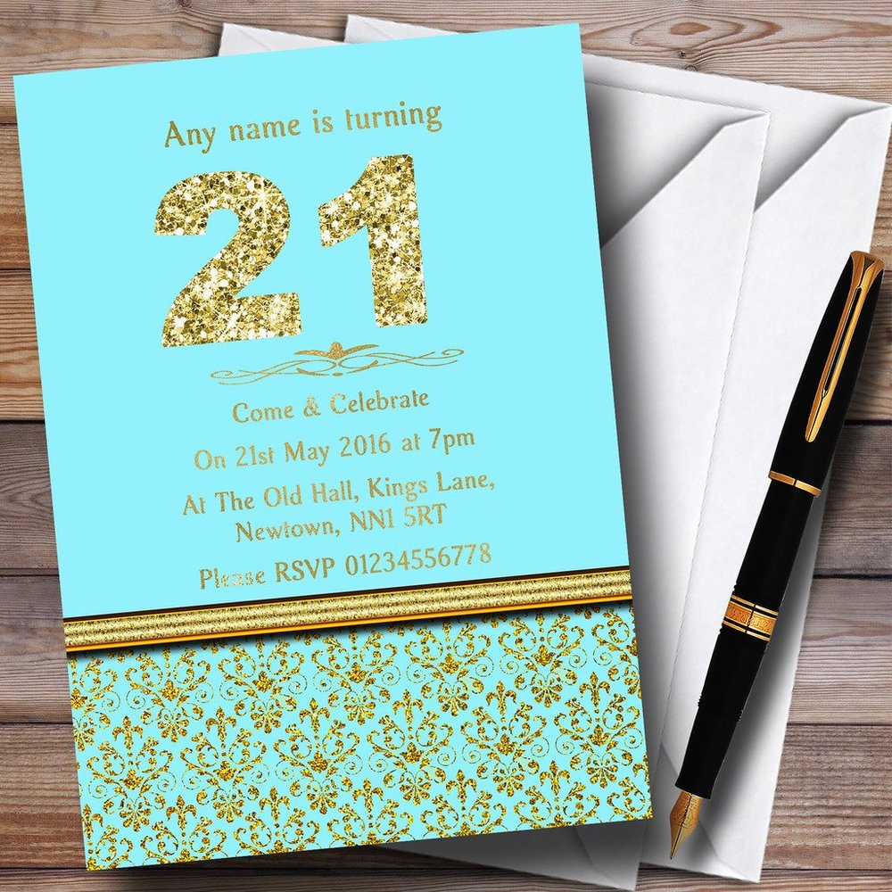 Aqua Sky Blue & Gold Vintage Damask 21St Personalized Birthday Party Invitations