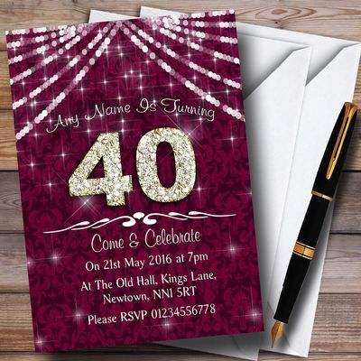 40Th Cranberry & White Bling Sparkle Birthday Party Personalized Invitations