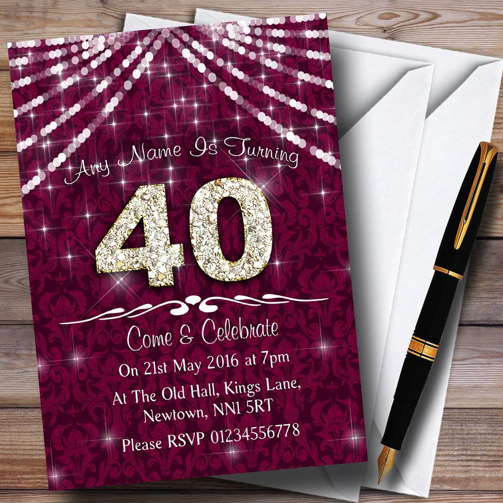 40Th Cranberry & White Bling Sparkle Birthday Party Personalized Invitations