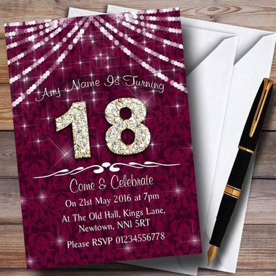 18Th Cranberry & White Bling Sparkle Birthday Party Personalized Invitations