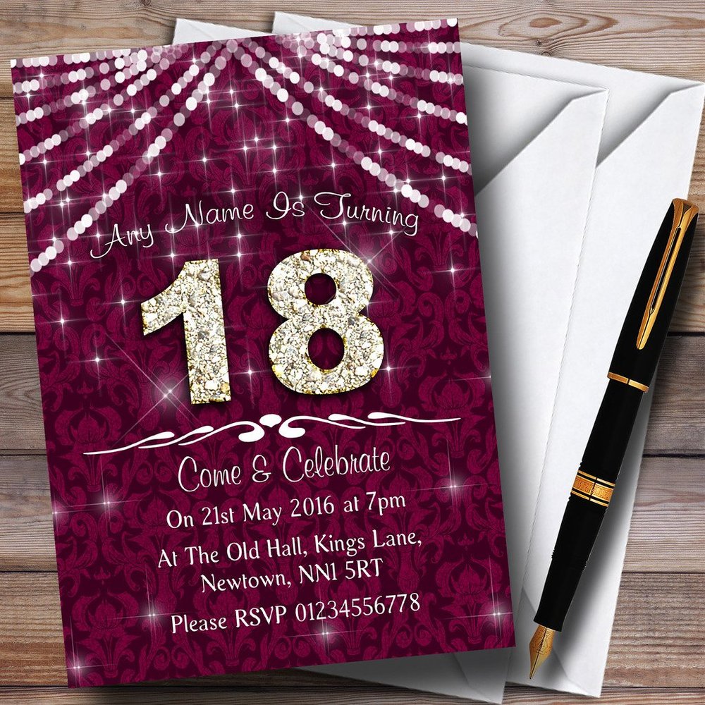 18Th Cranberry & White Bling Sparkle Birthday Party Personalized Invitations