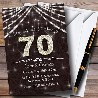 70Th Brown & White Bling Sparkle Birthday Party Personalized Invitations