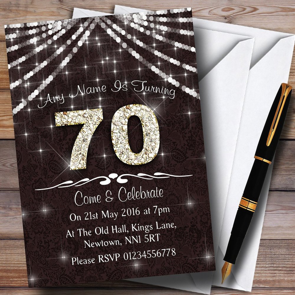70Th Brown & White Bling Sparkle Birthday Party Personalized Invitations