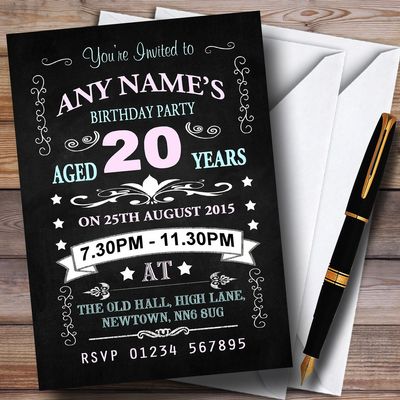 Vintage Chalkboard Style Pink and Blue 20Th Birthday Party Personalized Invit...