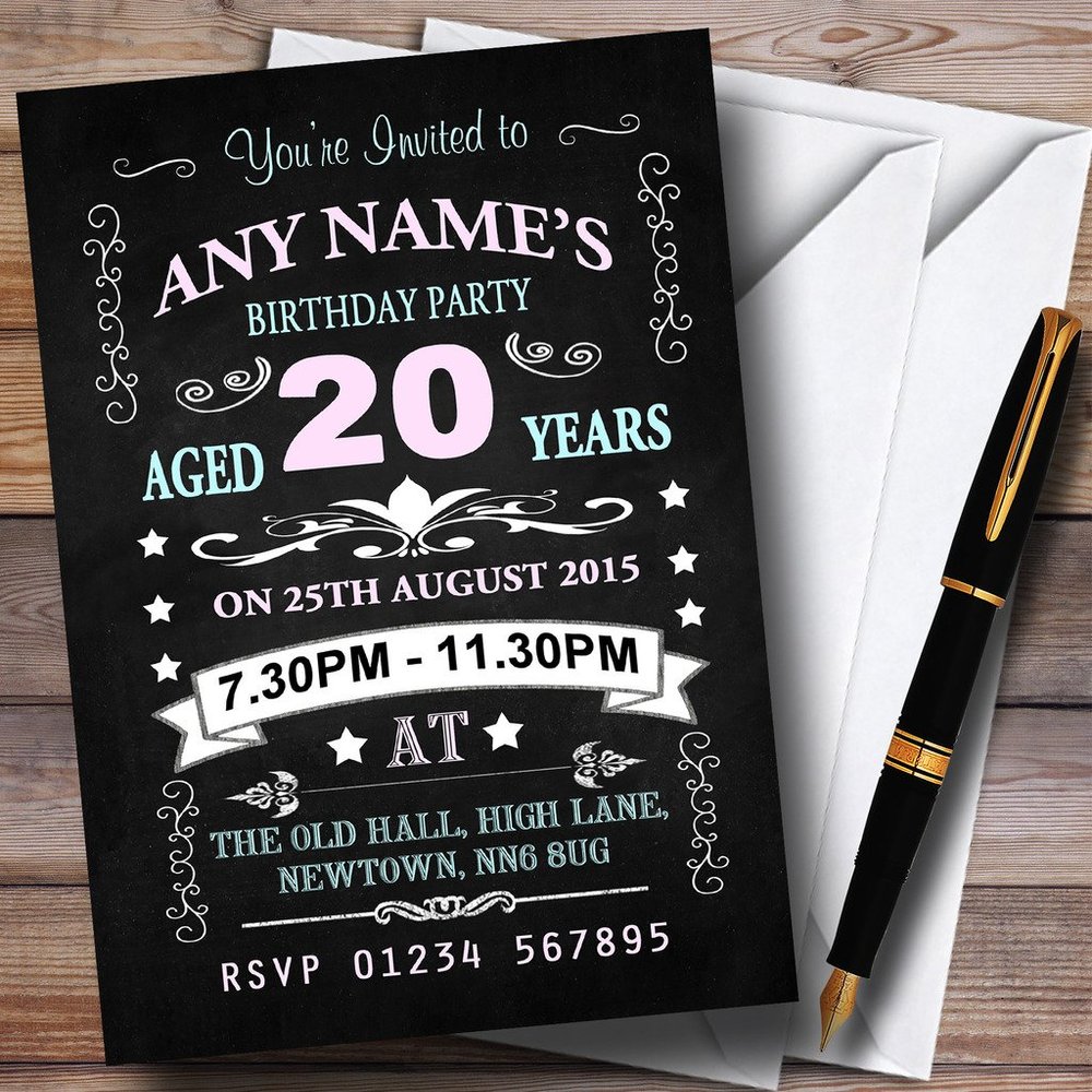 Vintage Chalkboard Style Pink and Blue 20Th Birthday Party Personalized Invit...
