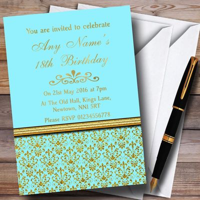 Aqua Sky Blue & Gold Vintage Damask Personalized Birthday Party Invitations