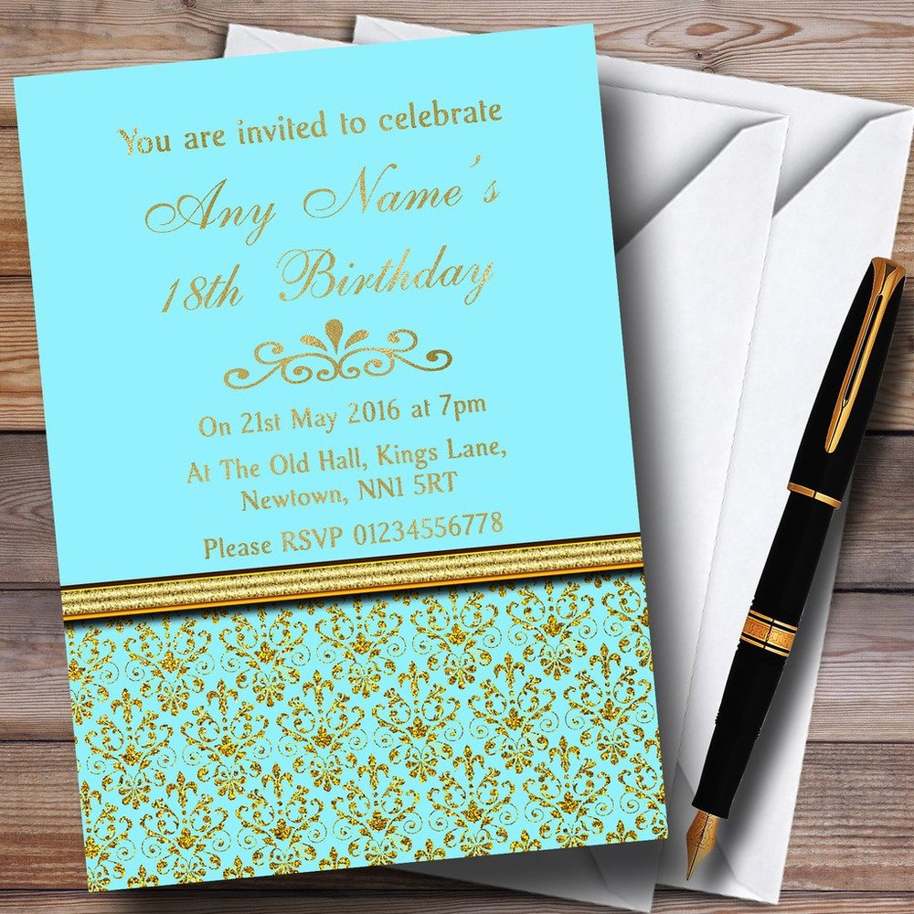 Aqua Sky Blue & Gold Vintage Damask Personalized Birthday Party Invitations