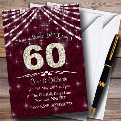 60Th Claret & White Bling Sparkle Birthday Party Personalized Invitations