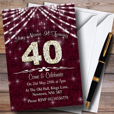 40Th Claret & White Bling Sparkle Birthday Party Personalized Invitations