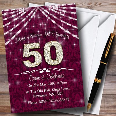 50Th Cranberry & White Bling Sparkle Birthday Party Personalized Invitations