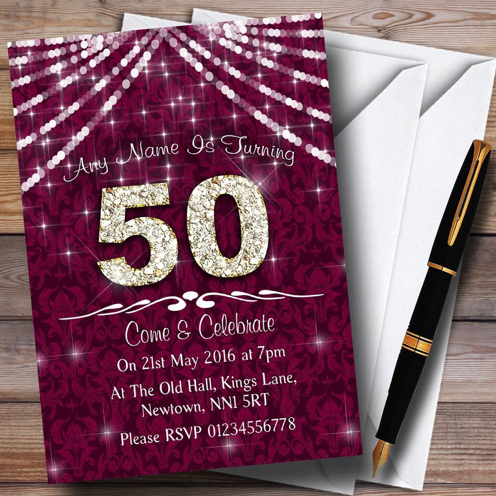 50Th Cranberry & White Bling Sparkle Birthday Party Personalized Invitations