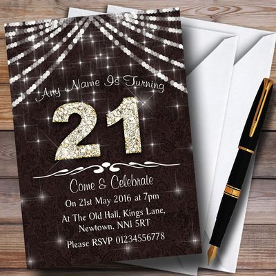 21St Brown & White Bling Sparkle Birthday Party Personalized Invitations