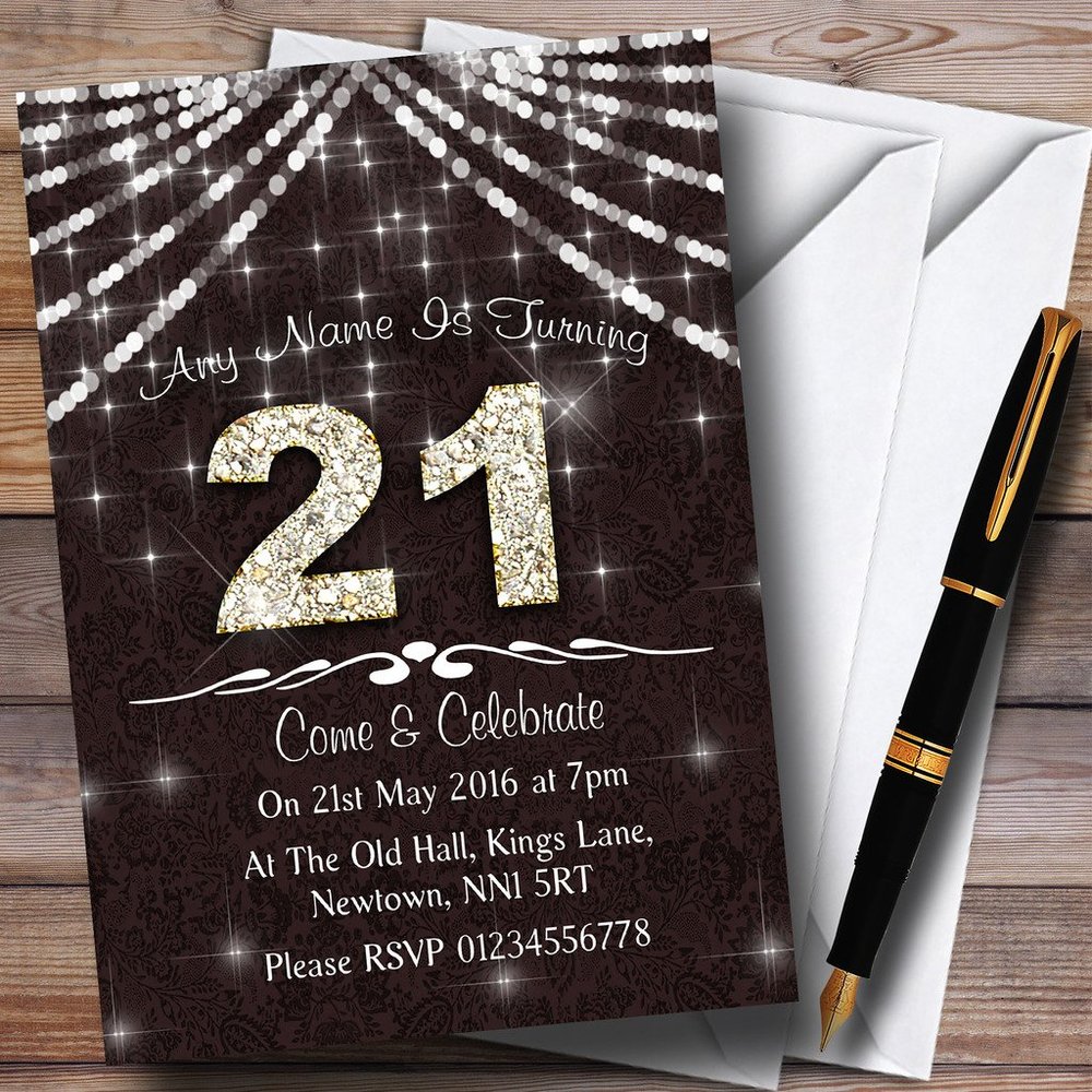 21St Brown & White Bling Sparkle Birthday Party Personalized Invitations