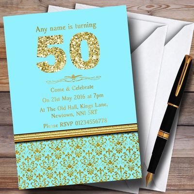 Aqua Sky Blue & Gold Vintage Damask 50Th Personalized Birthday Party Invitations
