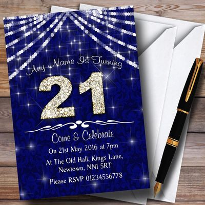 21St Navy Blue & White Bling Sparkle Birthday Party Personalized Invitations
