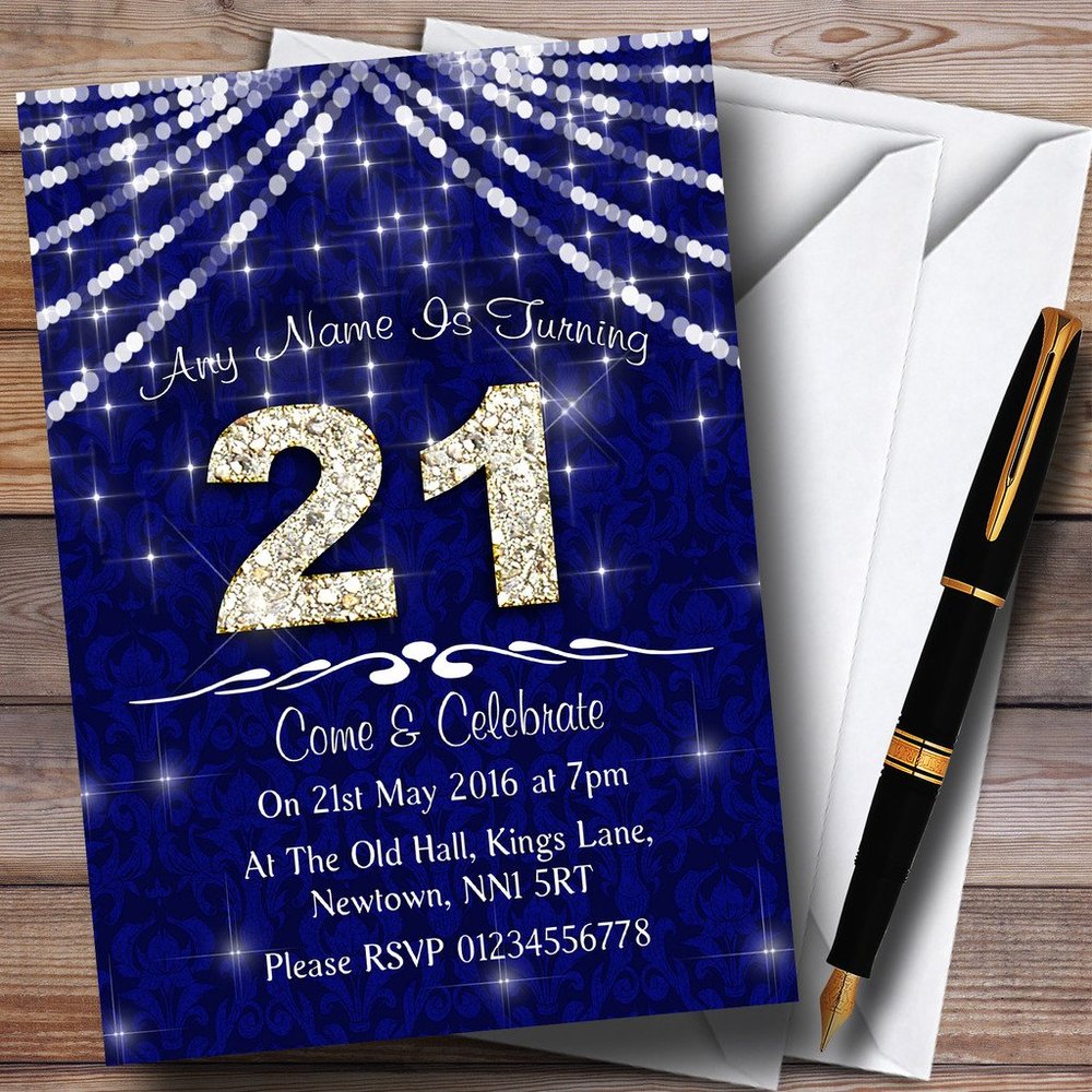 21St Navy Blue & White Bling Sparkle Birthday Party Personalized Invitations