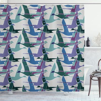 Ambesonne Geese Shower Curtain, Flying Ducks Mallard and Waterfowl Shapes Theme Colorful Abstract Print, Cloth Fabric Bathroom Decor Set with Hooks, 69" W x 70" L, Lilac Green