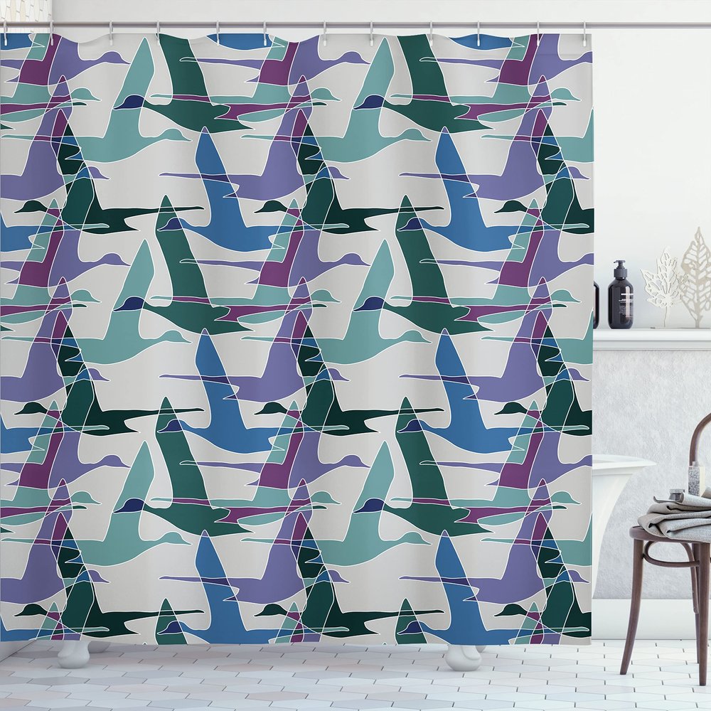 Ambesonne Geese Shower Curtain, Flying Ducks Mallard and Waterfowl Shapes Theme Colorful Abstract Print, Cloth Fabric Bathroom Decor Set with Hooks, 69" W x 70" L, Lilac Green