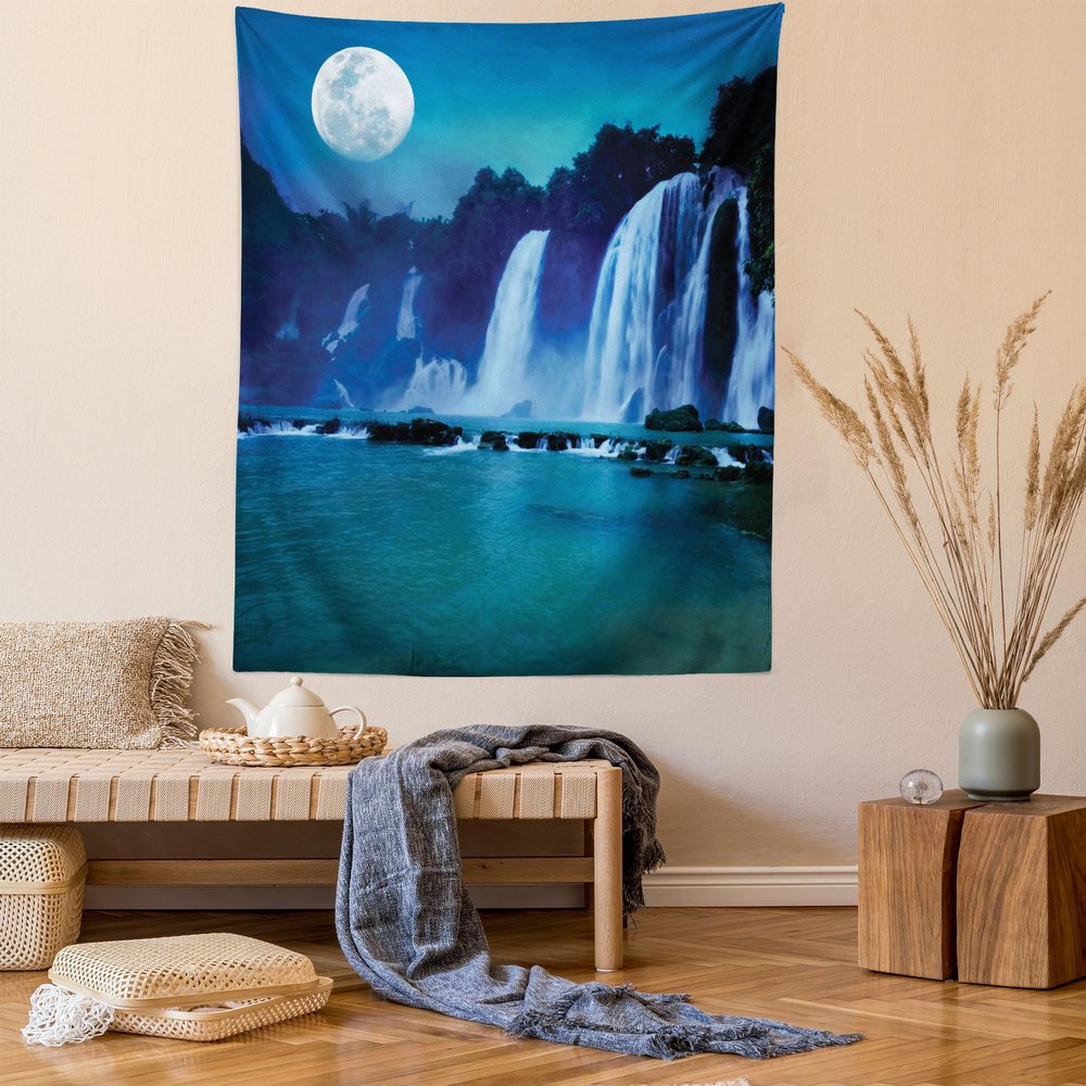 Ambesonne Waterfall Tapestry, Waterfall Under Moonlight Full Moon Nature Midnight View, Wall Hanging for Bedroom Living Room Dorm, 60" X 80", Turquoise Navy
