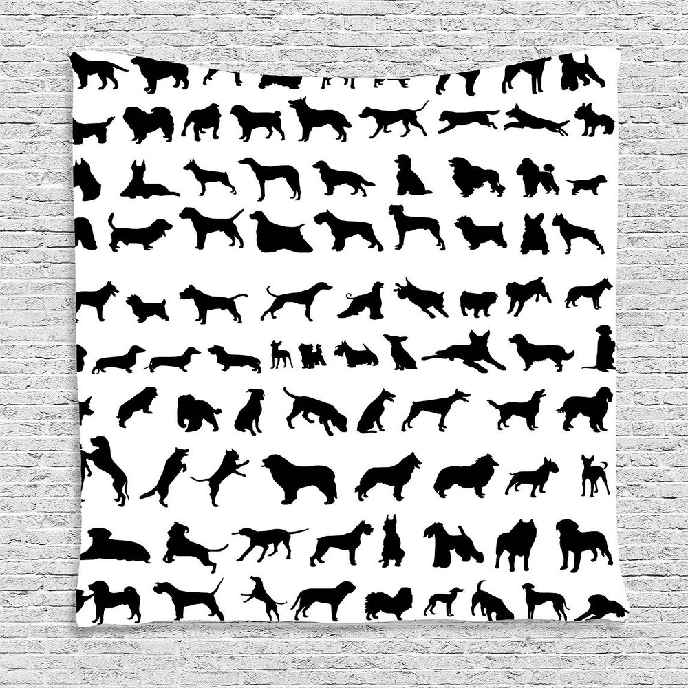 Ambesonne Dog Lover Tapestry, Silhouettes of Different Breeds of Dogs Chow Chow Shepherd Pinscher Spaniel, Wall Hanging for Bedroom Living Room Dorm Decor, 60" X 80", Black White