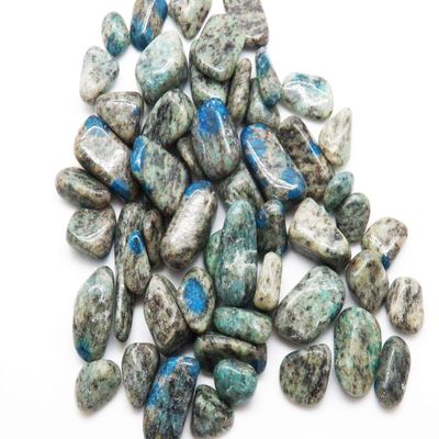 Fundamental Rockhound Products: 1 pc K2 Azurite in Granite Tumbled Stone Gemstone Crystal with Carrying Pouch, info Card, Stone Certification (Small)