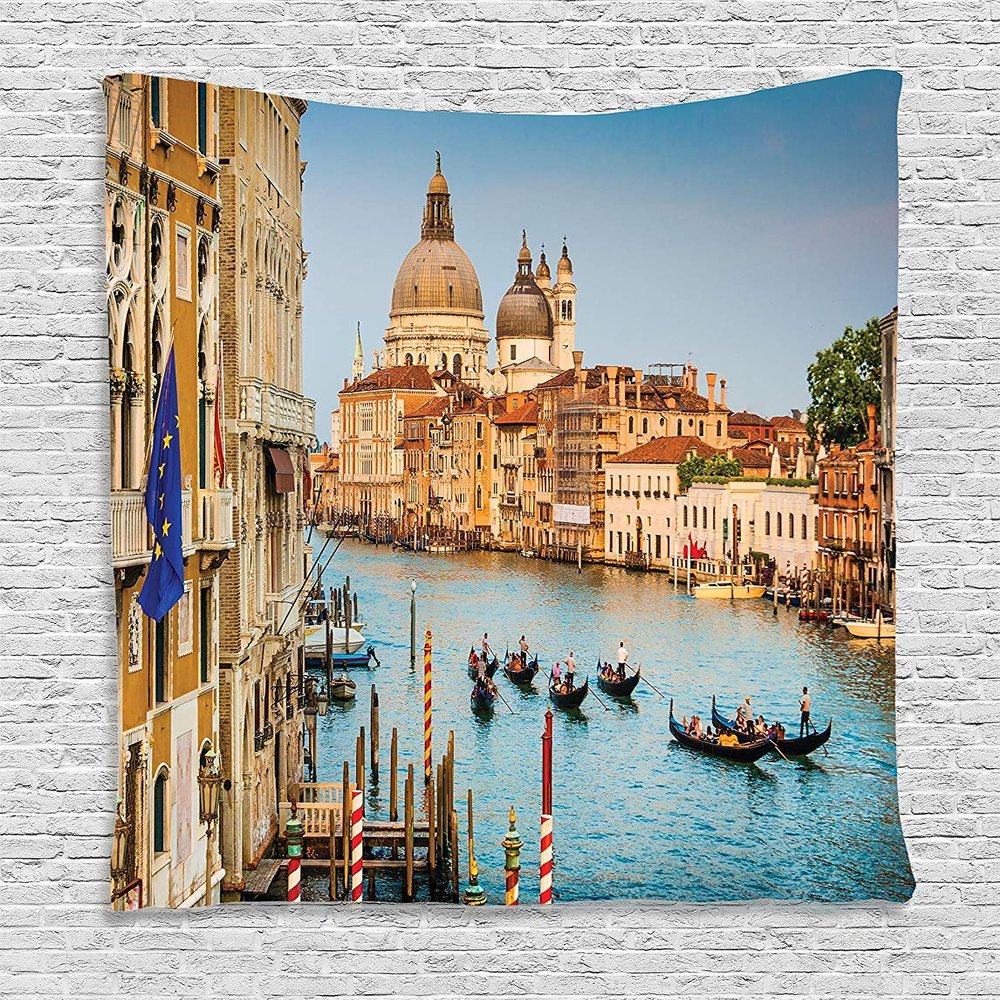 Ambesonne Scenery Tapestry, Gondolas on the Canal Grande Sunset in Venice City Romantic View Image Print, Wall Hanging for Bedroom Living Room Dorm Decor, 60" X 80", Blue and Tan