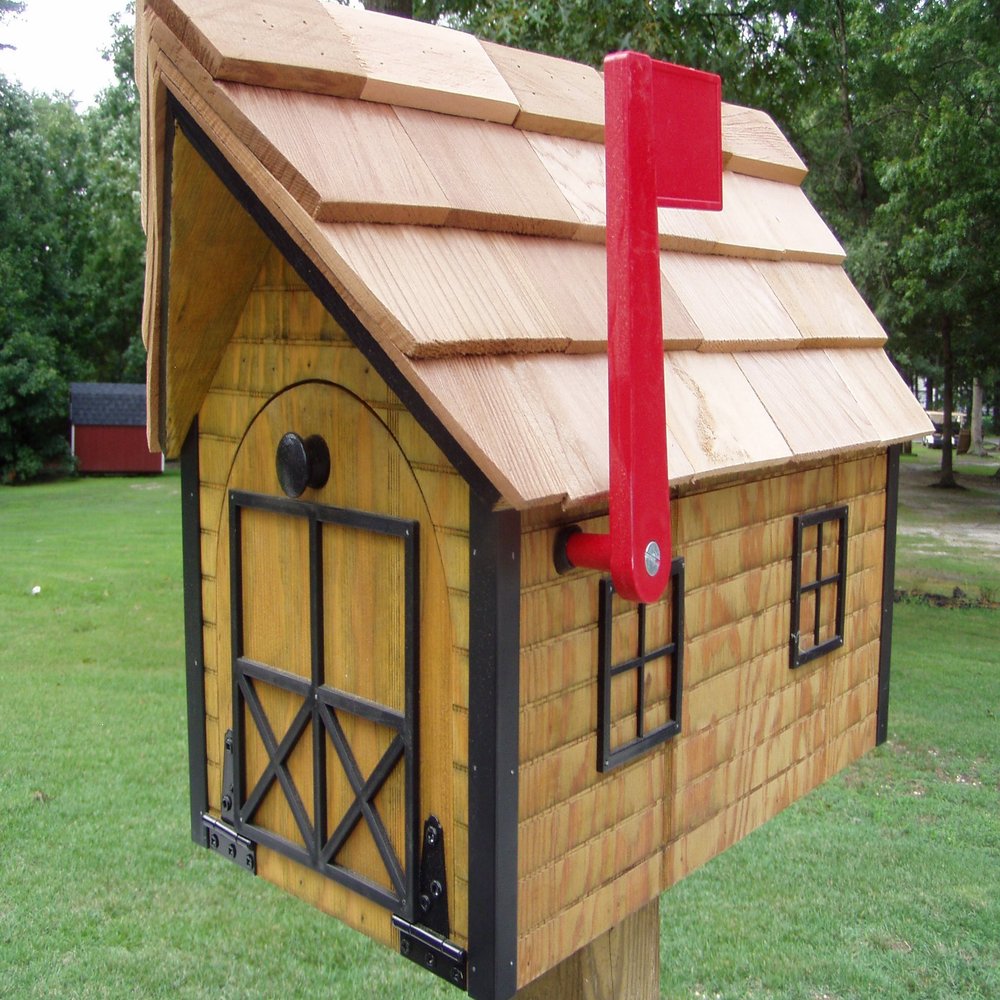 Amish Handmade Handcrafted Rural Mailbox w Flag Log Cabin Brown Trim