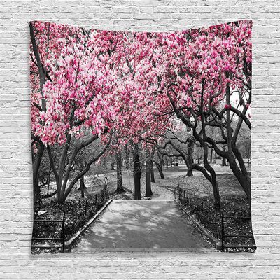 Ambesonne NYC Tapestry, Blossoms in Central Park Landscape with Cherry Trees Forest in Spring Season Picture, Wall Hanging for Bedroom Living Room Dorm, 60" X 80", Magenta Grey