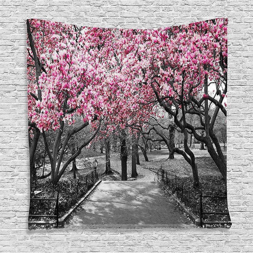 Ambesonne NYC Tapestry, Blossoms in Central Park Landscape with Cherry Trees Forest in Spring Season Picture, Wall Hanging for Bedroom Living Room Dorm, 60" X 80", Magenta Grey