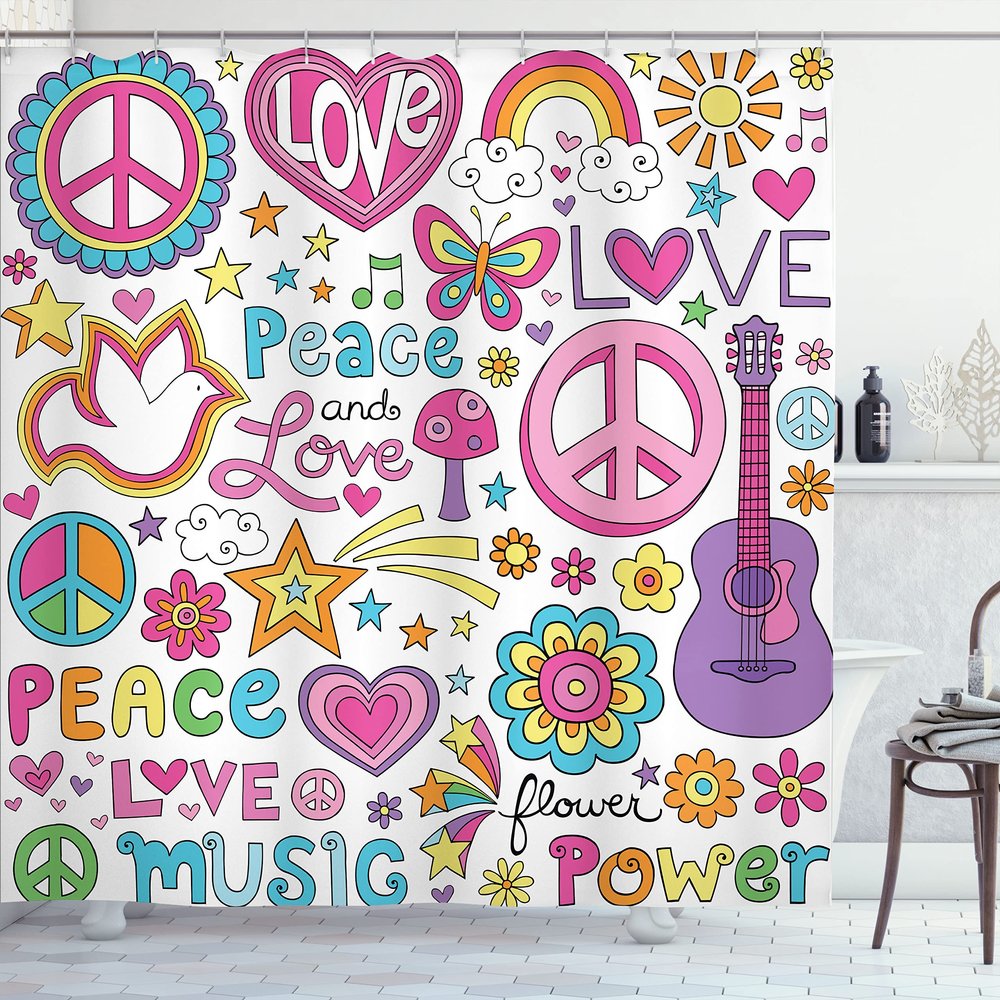 Ambesonne 1960s Shower Curtain, Psychedelic Notebook Doodles Sun Rays Sunny Floral Birds Guitar Flower Happy Stars, Cloth Fabric Bathroom Decor Set with Hooks, 69" W x 75" L, Yellow Blue