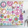 Ambesonne 1960s Shower Curtain, Psychedelic Notebook Doodles Sun Rays Sunny Floral Birds Guitar Flower Happy Stars, Cloth Fabric Bathroom Decor Set with Hooks, 69" W x 75" L, Yellow Blue view 1