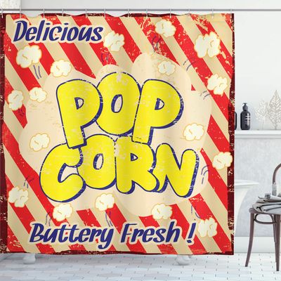 Ambesonne 1960s Shower Curtain, Popcorn Vintage Grunge Delicious Buttery Tasty Movie Advertising, Cloth Fabric Bathroom Decor Set with Hooks, 69" W x 75" L, Blue Scarlet
