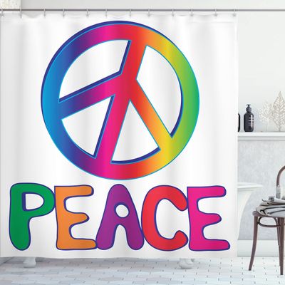 Ambesonne 1960s Shower Curtain, Peace Text Peace Sign Type Line Love Political Hippie Groovy Clipart, Cloth Fabric Bathroom Decor Set with Hooks, 69" W x 84" L, Multicolor