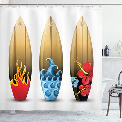 Ambesonne Surfboard Shower Curtain, 3 Colorful Woored Surf Boards Floral Sea Themed Relaxation Summer, Cloth Fabric Bathroom Decor Set with Hooks, 69" W x 75" L, Beige Blue