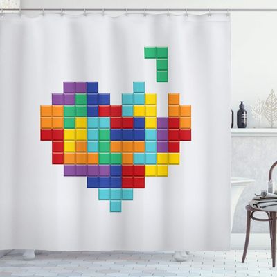 Ambesonne 90s Shower Curtain, Video Game Colorful Heart Valentines Day Happy Valentine Celebration Joy Love Print, Cloth Fabric Bathroom Decor Set with Hooks, 69" W x 75" L, Rainbow