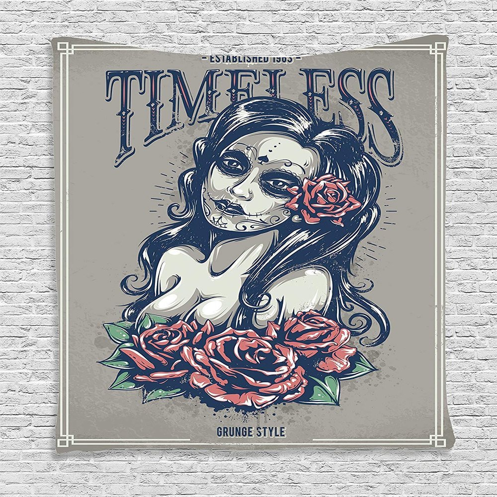 Ambesonne Skull Tapestry, Day of the Dead Lady with Roses Lady Witch American Traditional Style, Wall Hanging for Bedroom Living Room Dorm Decor, 40" X 60", Night Blue and Pale Grey