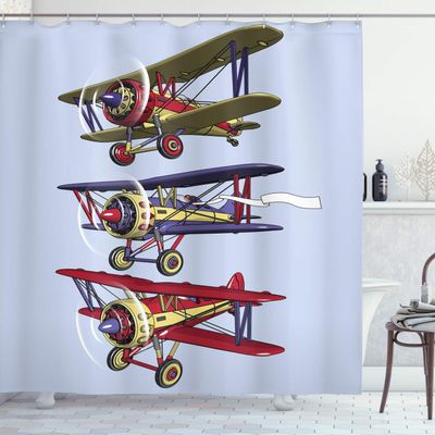 Ambesonne Airplane Shower Curtain, 3 Biplanes Flies on a Background of The Sky Ink Paint Old Fashioned Travel, Cloth Fabric Bathroom Decor Set with Hooks, 69" W x 70" L, Aqua