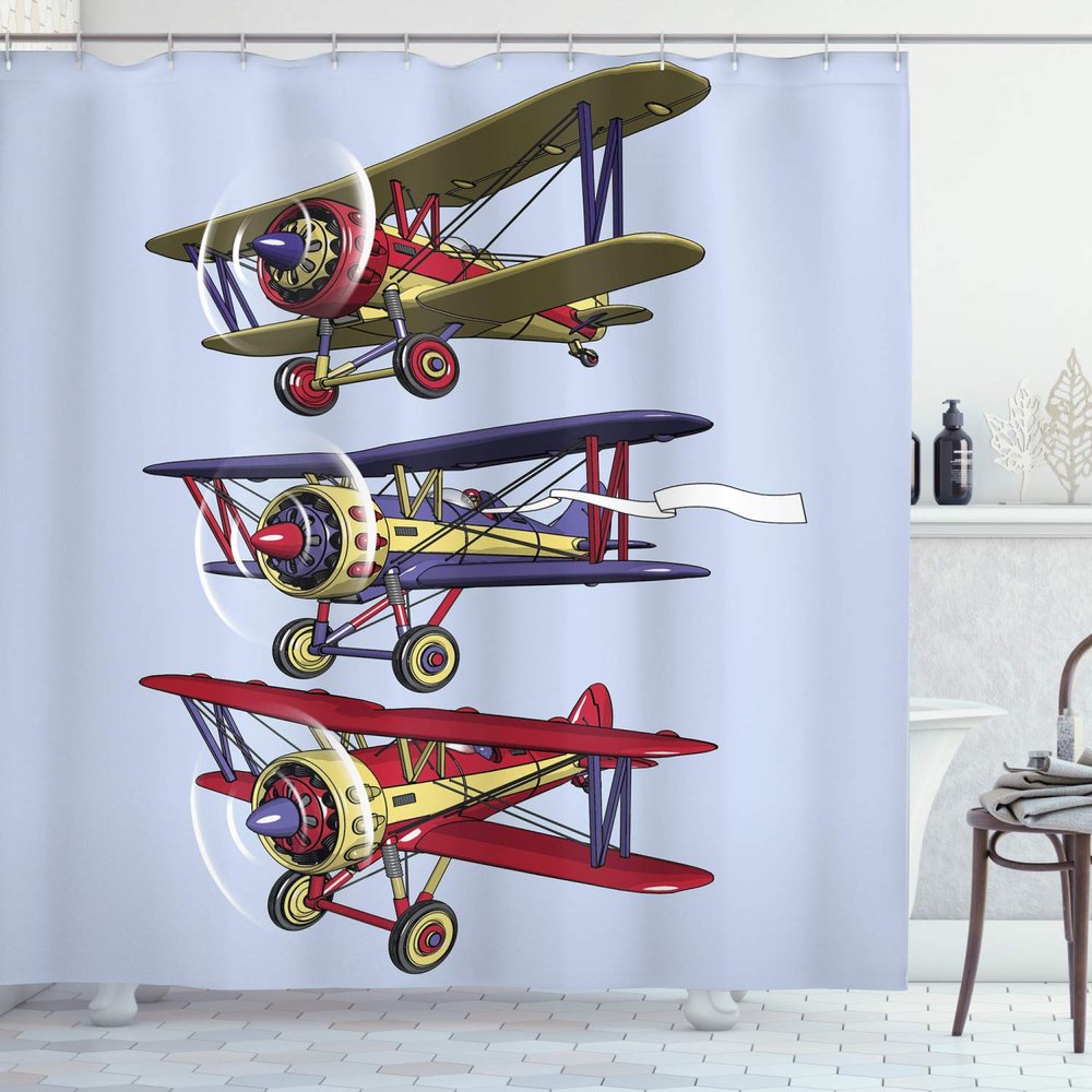 Ambesonne Airplane Shower Curtain, 3 Biplanes Flies on a Background of The Sky Ink Paint Old Fashioned Travel, Cloth Fabric Bathroom Decor Set with Hooks, 69" W x 70" L, Aqua