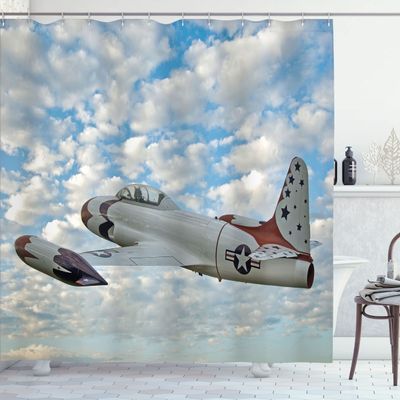 Ambesonne Airplane Shower Curtain, Vintage Plane in Mid-Air American Sky Aircraft Jet Transportation Themed Image, Cloth Fabric Bathroom Decor Set with Hooks, 69" W x 75" L, Blue Ivory