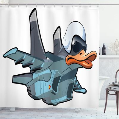 Ambesonne Airplane Shower Curtain, Jet Bird Angry Comic Aircraft German Pilot Duckling Funny Character, Cloth Fabric Bathroom Decor Set with Hooks, 69" W x 70" L, Slate Blue Orange White