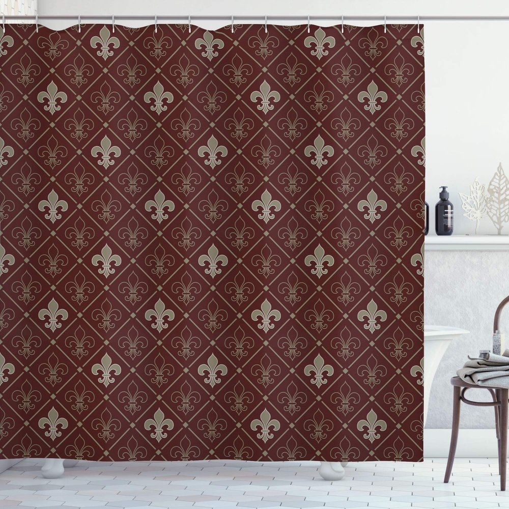 Ambesonne Fleur De Lis Shower Curtain, Fleur-de-Lis in Diamond Shape Lines Classical Cultural Victorian Style, Cloth Fabric Bathroom Decor Set with Hooks, 69" W x 84" L, Green Maroon
