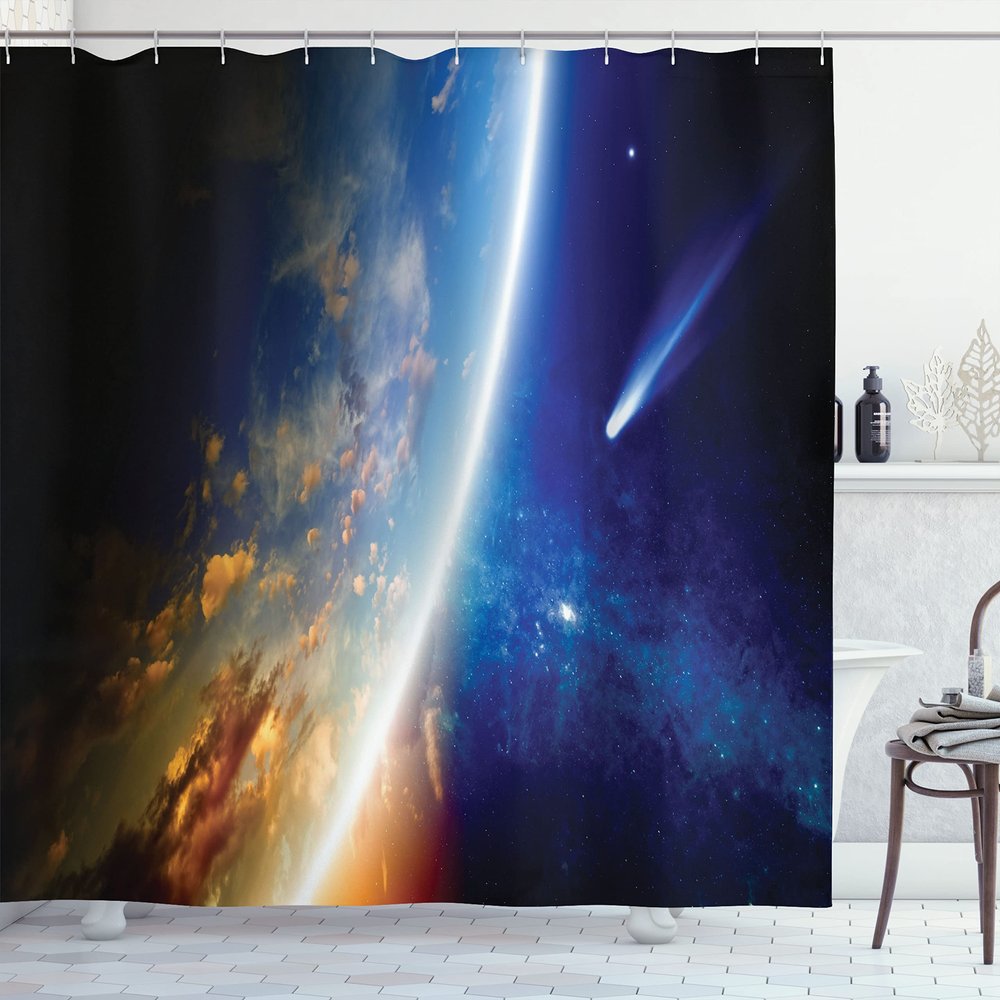 Ambesonne Outer Space Shower Curtain, Comet Approaches Planet Earth Nebula and Stars in Space Picture, Cloth Fabric Bathroom Decor Set with Hooks, 69" W x 84" L, Navy Blue Marigold White