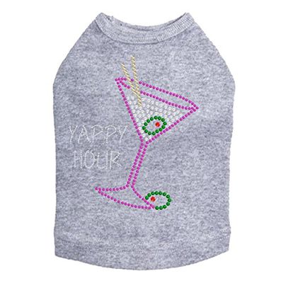 Martini - Fuchsia with Clear Rhinestones with Yappy Hour - Dog Tank, 2XL Heather Gray