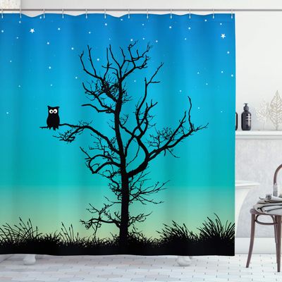 Ambesonne Owls Shower Curtain, Owl in Naked Winter Tree Under Night Sky with Stars Grass Goodnight Artwork, Cloth Fabric Bathroom Decor Set with Hooks, 69" W x 75" L, Turquoise Black