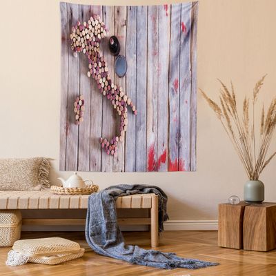 Ambesonne Winery Tapestry, Map of Italy Sardinia and Sicily Old Corks on Old Rustic Wooden Table, Wall Hanging for Bedroom Living Room Dorm Decor, 40" X 60", Purple Red Sand Brown