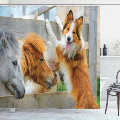 Ambesonne Nature Shower Curtain, Pony and Border Collie Dog are Dating Friendship Companionship Themed Nature, Cloth Fabric Bathroom Decor Set with Hooks, 69" W x 84" L, Amber Tan Grey