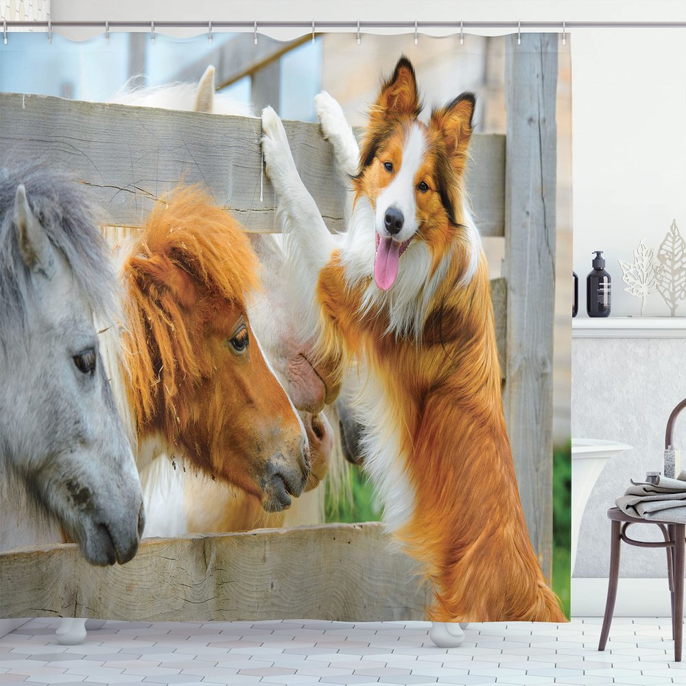 Ambesonne Nature Shower Curtain, Pony and Border Collie Dog are Dating Friendship Companionship Themed Nature, Cloth Fabric Bathroom Decor Set with Hooks, 69" W x 84" L, Amber Tan Grey